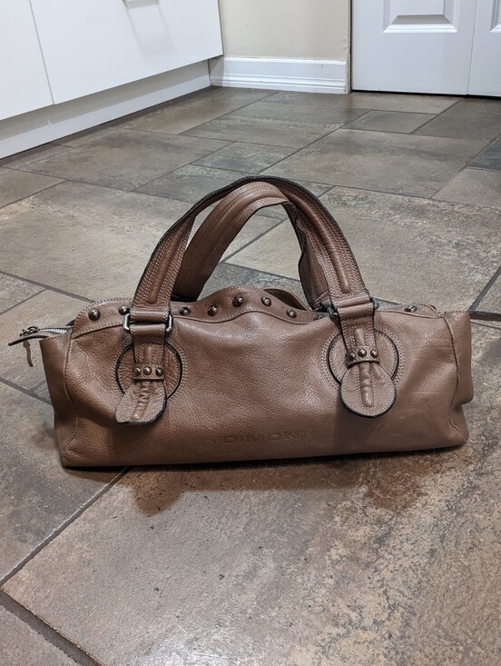 Dimoni Handbags - Dimoni Y2K Pebble Leather Stud Detail EW Butter Soft Satchel Shoulder Bag Taupe